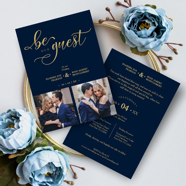 Convite Golden Charm Navy Blue Romantic Wedding (Golden Charm Navy Blue Romantic Wedding Invitation Card.)