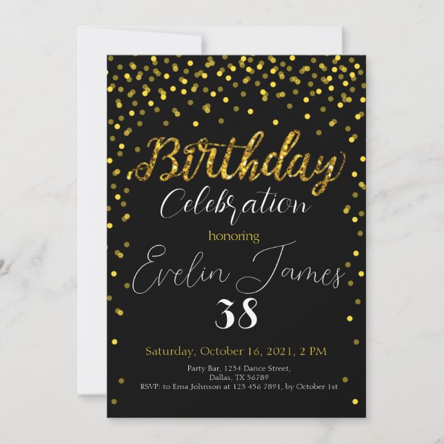 Convite Golden Confetti Invitation, Gold Birthday Party  (Frente)