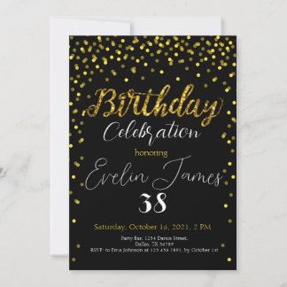 Convite Golden Confetti Invitation, Gold Birthday Party
