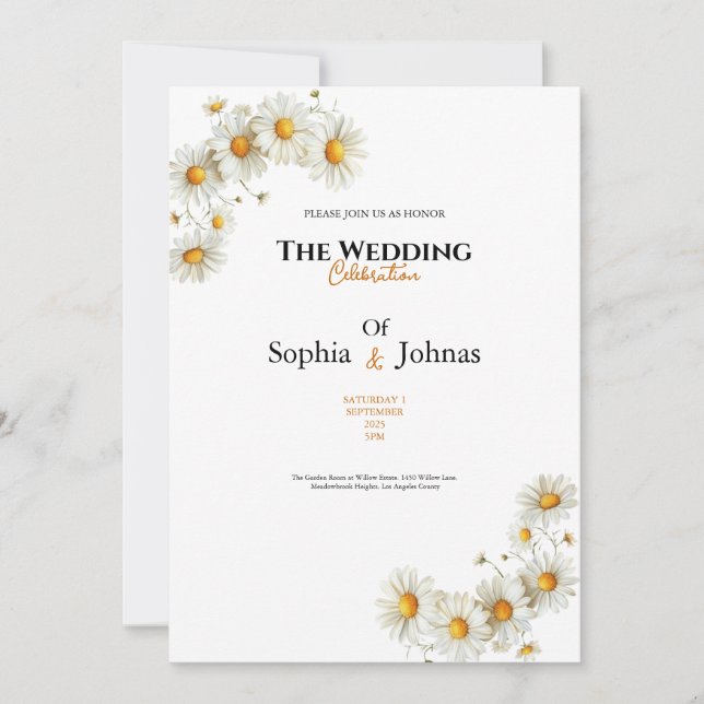 Convite golden elegant daisy flower wedding invitation (Frente)