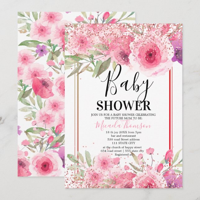 Convite Golden floral cake for baby shower (Frente/Verso)