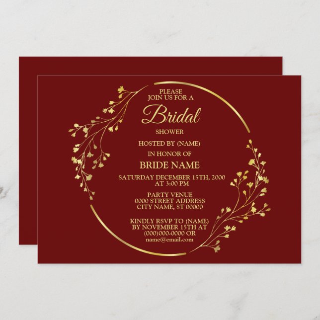 Convite Golden Floral Geometric Wreath Red Bridal Shower (Frente/Verso)