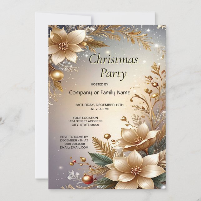 Convite Golden Floral Holiday Party Invitation (Frente)