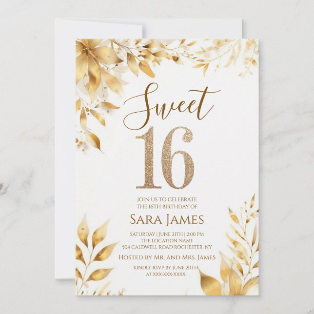 Convite Golden Floral Sweet 16 Birthday Invitation (Frente)