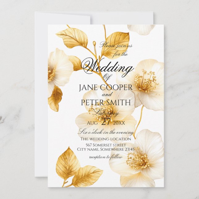 Convite Golden flowers floral Wedding Invitation (Frente)