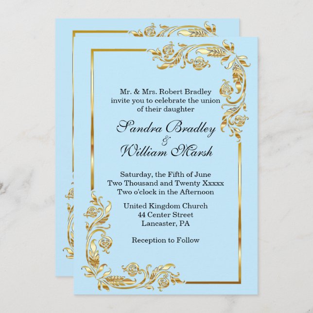 Convite Golden Frame Traditional Blue Invitation (Frente/Verso)