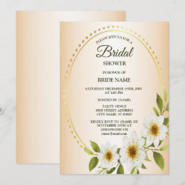 Convite Golden Frame White Floral Peach Bridal Shower