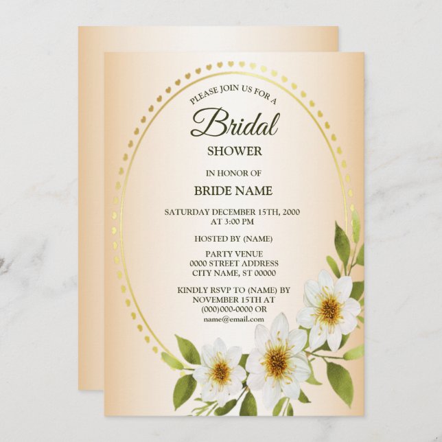 Convite Golden Frame White Floral Peach Bridal Shower (Frente/Verso)