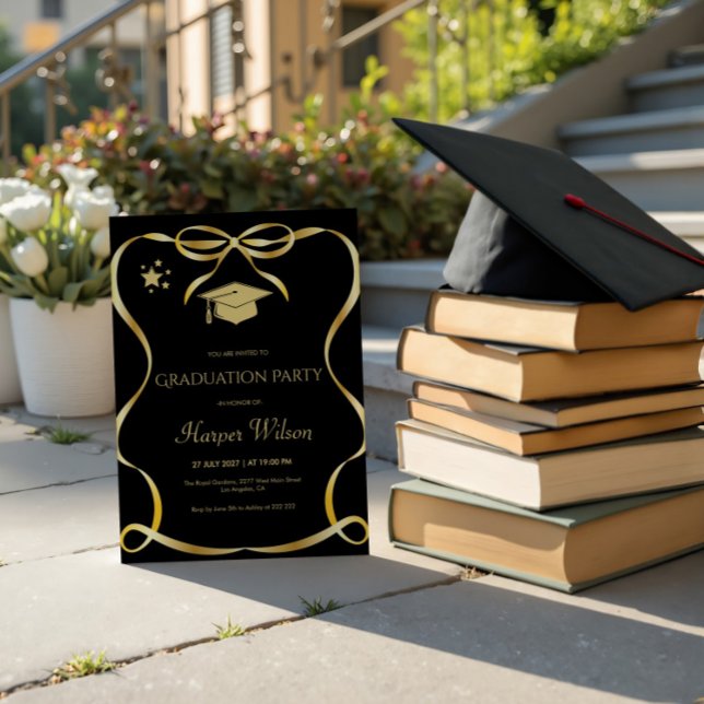 Convite Golden Frame with Bow Graduation Invitation (Criador carregado)