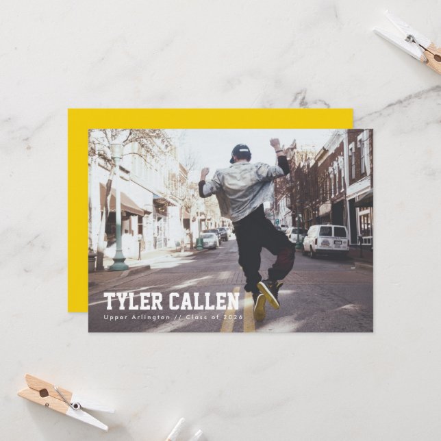 Convite Golden Full Photo Varsity with Text-only Backer (Frente/Verso In Situ)