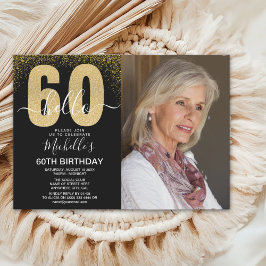 Convite Golden Glitter "Hello 60" Photo Birthday Women