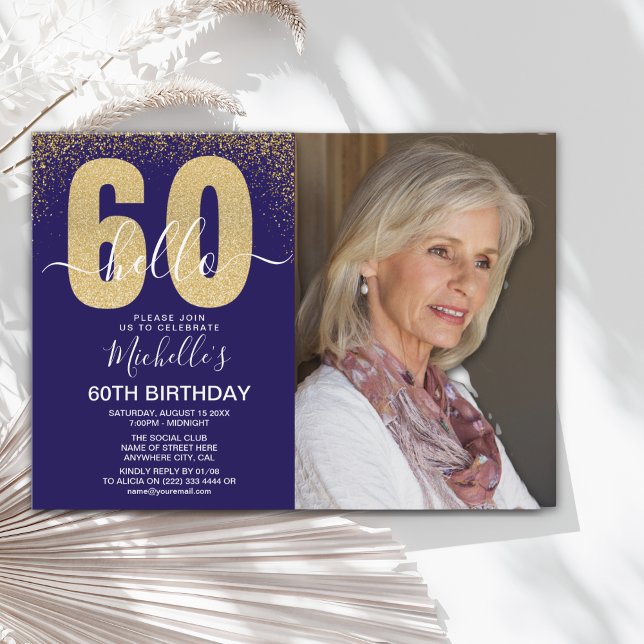 Convite Golden Glitter "Hello 60" Photo Birthday Women (Criador carregado)