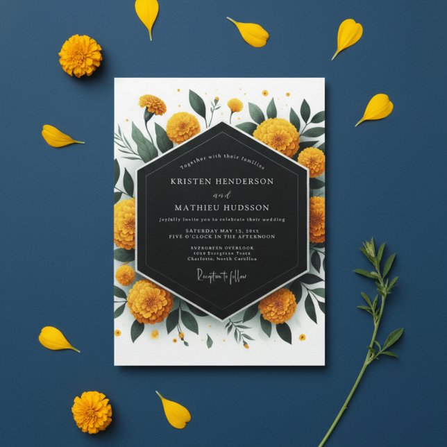 Convite Golden Marigold Botanical Romance Wedding (Criador carregado)