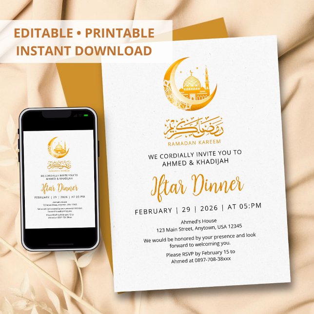 Convite Golden Mosque Moon Ramadan Iftar Dinner Invitation (Criador carregado)