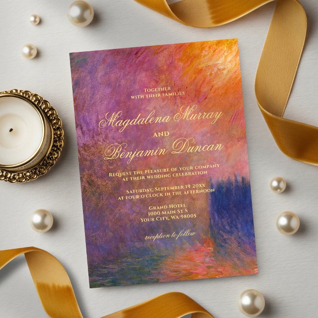 Convite Golden Orange Purple Sunset Sky Monet Art Wedding (Criador carregado)