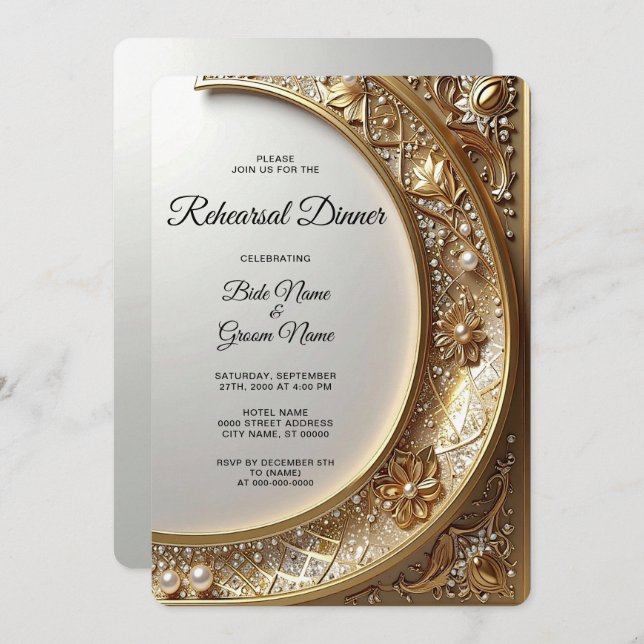 Convite Golden Ornate Frame Rehearsal Dinner (Frente/Verso)