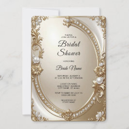 Convite Golden Ornate Frame with Pearls Bridal Shower