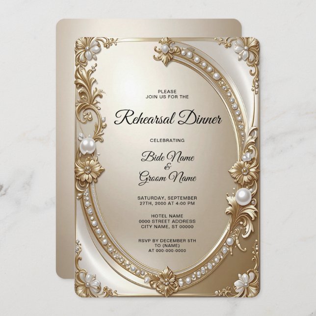 Convite Golden Ornate Frame with Pearls Rehearsal Dinner (Frente/Verso)
