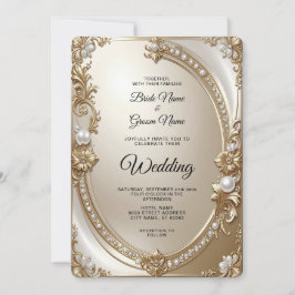 Convite Golden Ornate Frame with Pearls Wedding Invitation
