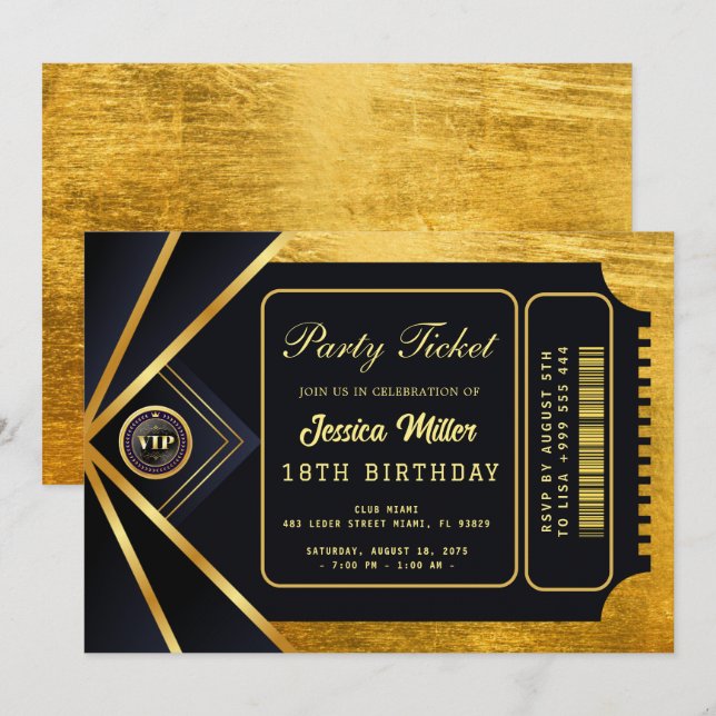 Convite Golden Party Ticket Invitation (Frente/Verso)