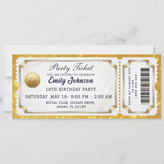 Convite Golden  Party Ticket Invitation  (Frente)