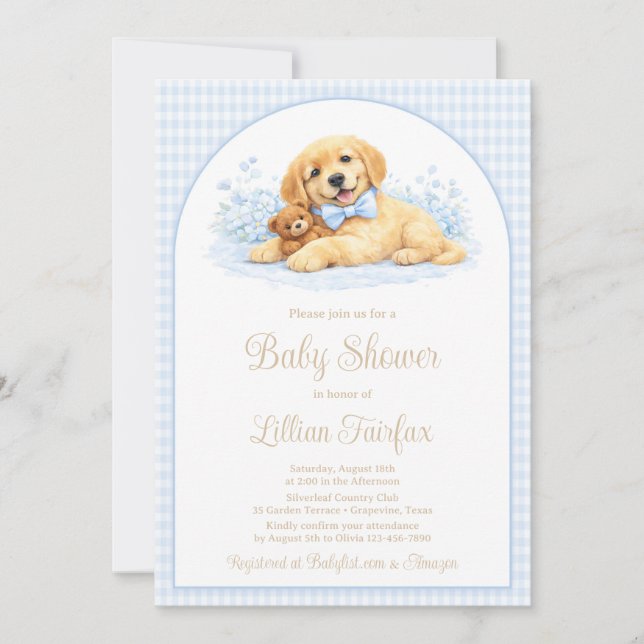 Convite Golden Puppy Baby Shower Invitation for Boy – Blue (Frente)