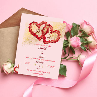 Convite Golden red hearts wedding invitation