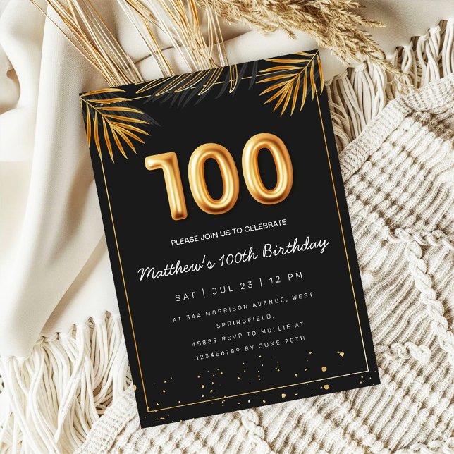Convite Golden Tropical Palm Leaves 100th Birthday  (Criador carregado)