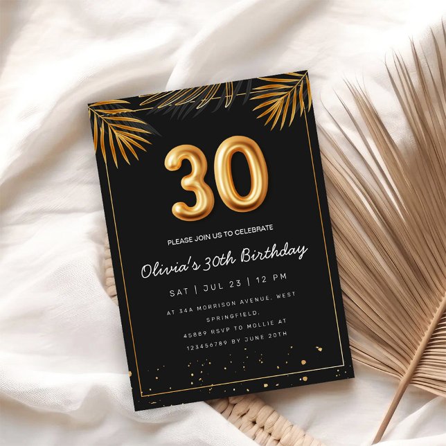Convite Golden Tropical Palm Leaves 30th Birthday  (Criador carregado)