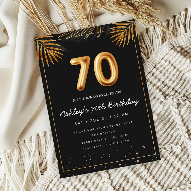 Convite Golden Tropical Palm Leaves 70th Birthday  (Criador carregado)