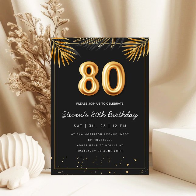 Convite Golden Tropical Palm Leaves 80th Birthday  (Criador carregado)