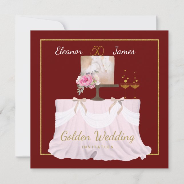 Convite Golden Wedding 50 years Cake Names Burgundy Gold (Frente)