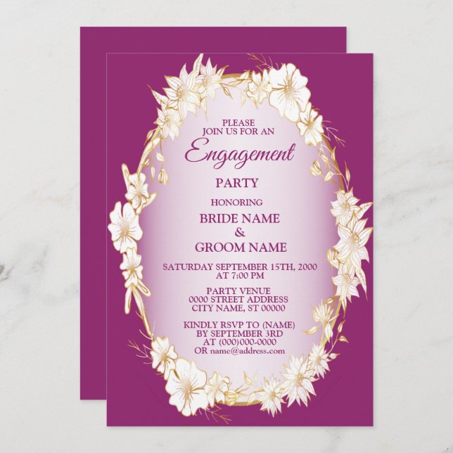 Convite Golden White Floral Pink Rustic Engagement Party  (Frente/Verso)