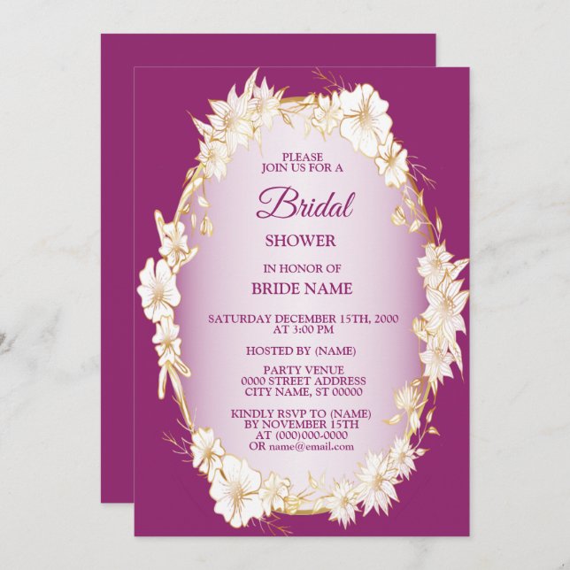 Convite Golden White Floral Pink Wedding Bridal Shower (Frente/Verso)