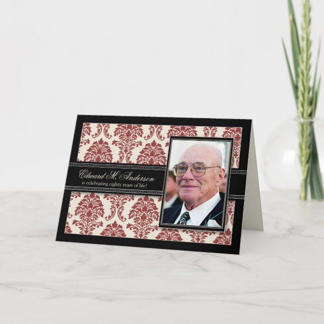 Convite Golden Years Damask Birthday CARD Invitation (red) (Frente)