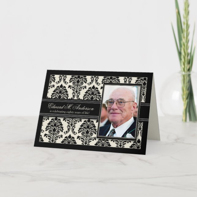 Convite Golden Years Damask Birthday CARD Invite (black) (Frente)