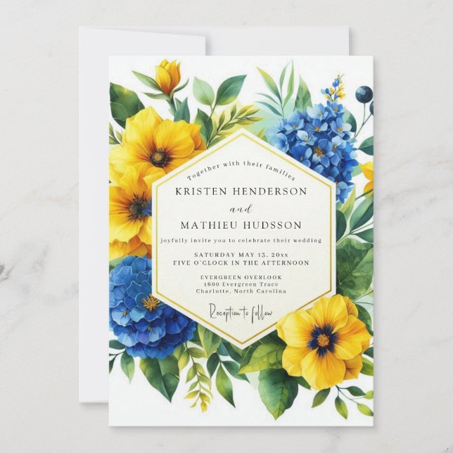 Convite Golden Yellow Blue Bloom Wedding (Frente)