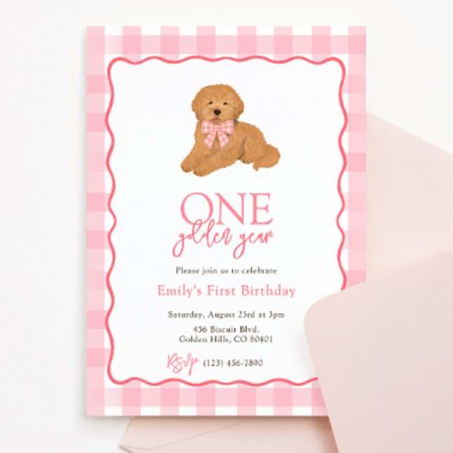Convite Goldendoodle Dog One Golden Year Girls Birthday (Criador carregado)