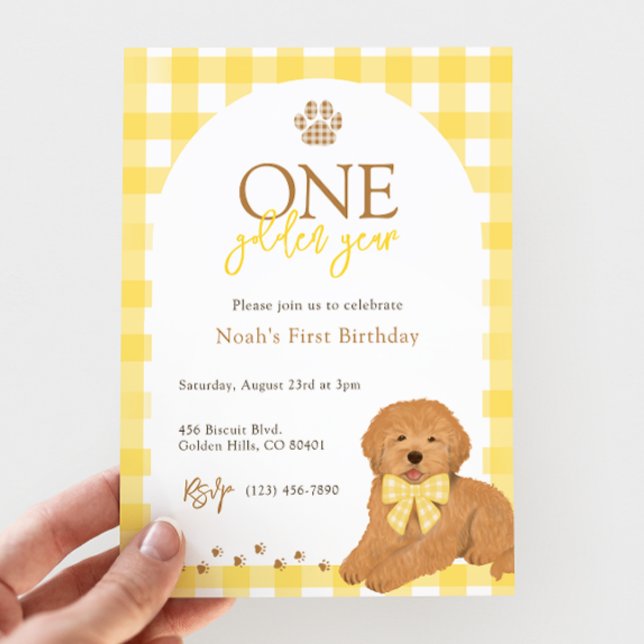 Convite Goldendoodle Yellow Gingham First Birthday (Criador carregado)