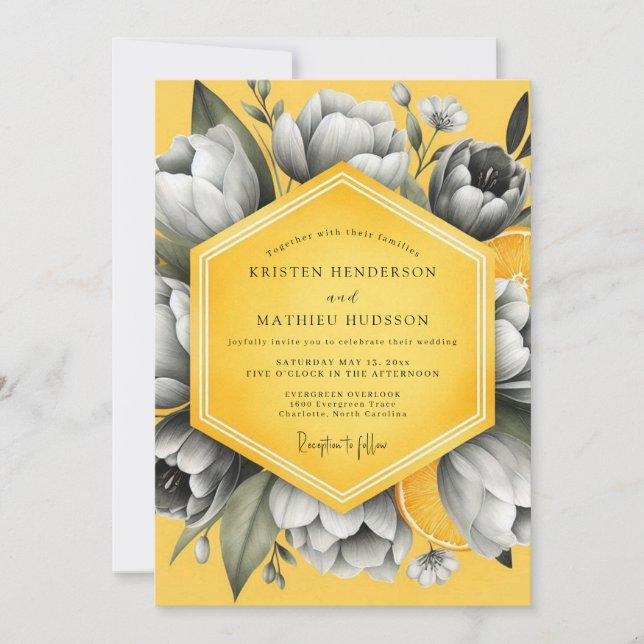 Convite Goldenrod Monochrome Flora Wedding (Frente)