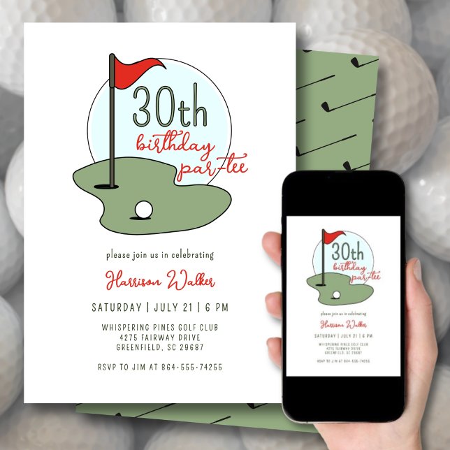 Convite Golf 30th Birthday Party Hand Drawn Modern Green (Criador carregado)