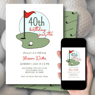 Convite Golf 40th Birthday Party Hand Drawn Modern Green
