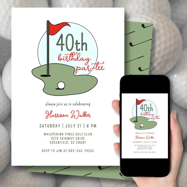 Convite Golf 40th Birthday Party Hand Drawn Modern Green (Criador carregado)
