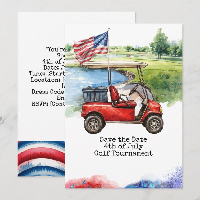 Convite Golf 4th July Independence Day for golfer  (Frente/Verso)