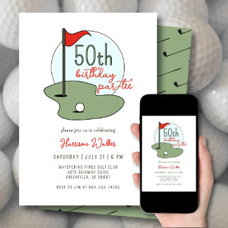 Convite Golf 50th Birthday Party Hand Drawn Modern Green