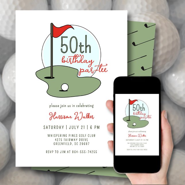 Convite Golf 50th Birthday Party Hand Drawn Modern Green (Criador carregado)