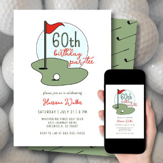Convite Golf 60th Birthday Party Hand Drawn Modern Green