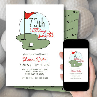 Convite Golf 70th Birthday Party Hand Drawn Modern Green