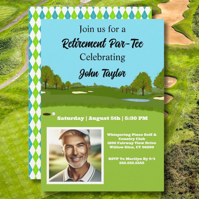 Convite Golf Course Retirement Party Invitation with Photo (Criador carregado)