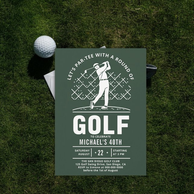 Convite Golf Golfer Golfe Elegante aniversário de 40 anos (golf party 40th birthday invitation him men boyfriend golfer golfing elegant modern classy)